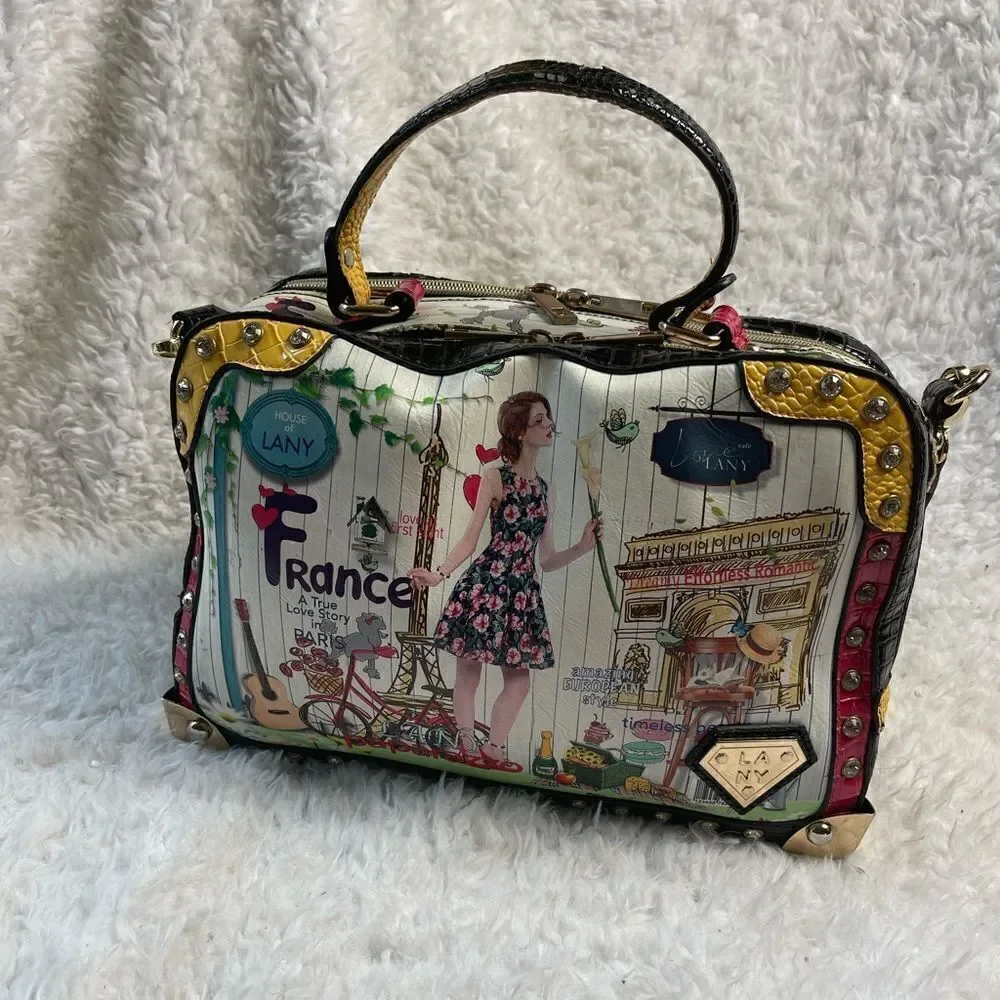 Kanu vintage multi color satchel/ shoulder bag gold tone and rhinestone accents